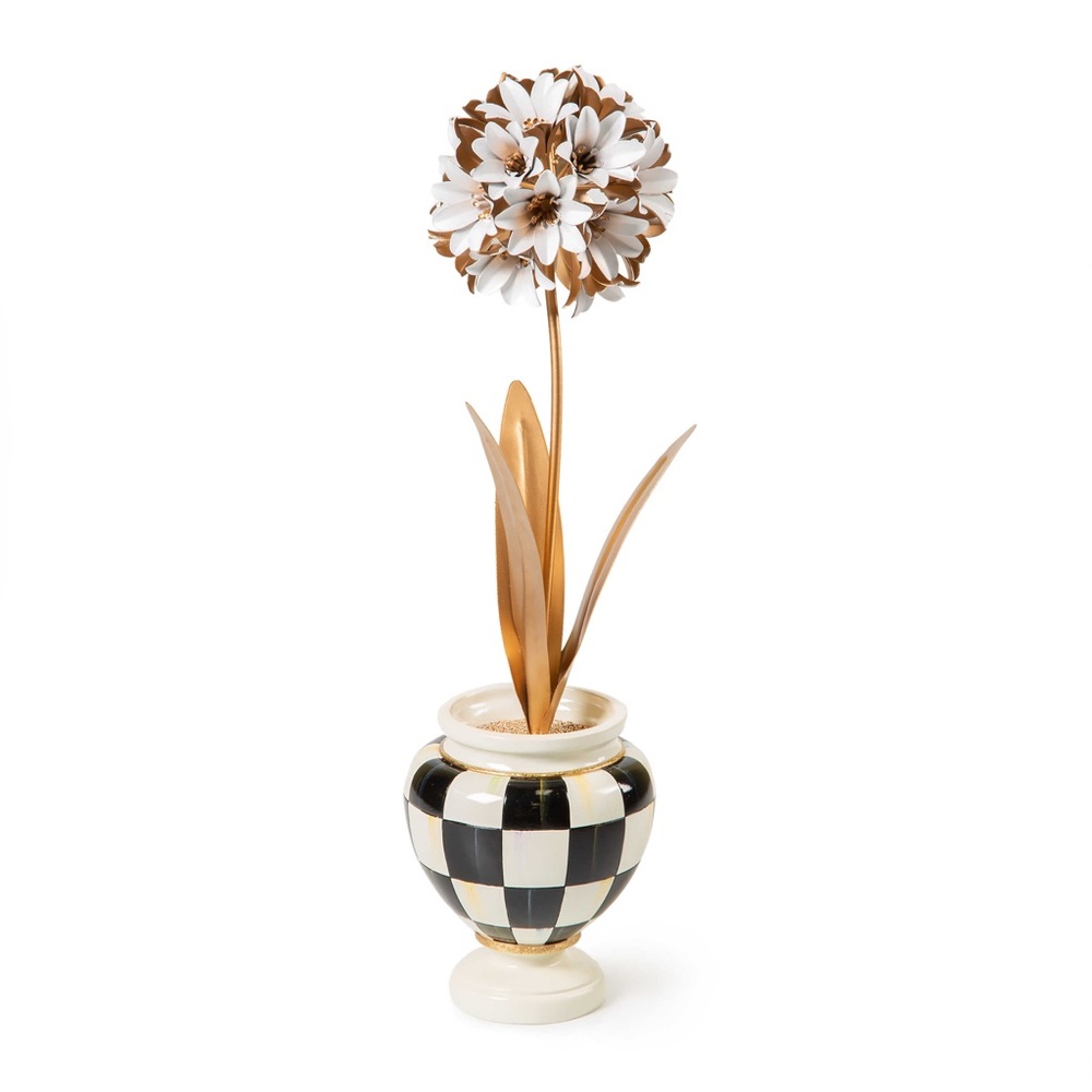 McKenzie Childs Elegant Checkered Vase with Floral Accent